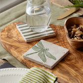 Dragonfly single stone coasters with natural limestone, heat resistant, featuring green dragonfly and muted stripe designs