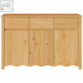 Light-colored drammen oakwood sideboard with three drawers and doors in solid oak wood and wavy lower edge design
