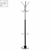 Drew black and chrome floor standing coat stand with chrome finish, black central pole, and circular umbrella holder