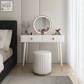 White drew dressing table with gold-tone legs and round led mirror perfect for stylish vanity setups