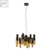 Black pendant light with drone gold finish featuring cylindrical shape and modern industrial design