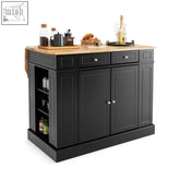 Black drop leaf kitchen island with rubber wood countertop and side shelf storage for extra space