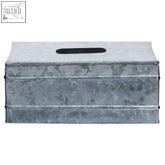 Drummond rectangular galvanised steel tissue box in galvanized metal with horizontal ridges and a black top slot