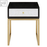 Dumas black and white two drawer nightstand with gold tone legs perfect for stylish bedroom storage