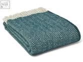 Teal and cream herringbone woven wool throw blanket with fringed edges from dune pure new wool emerald collection