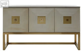 Modern duvali three door sideboard with geometric square doors and gold handles on a sleek brass frame