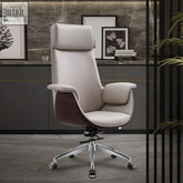 Beige leather e43 office chair with dark wood accents and chrome base in grey black for stylish workspace seating