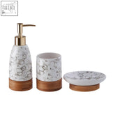 Earth 3 piece marble print bathroom set with white ceramic and gray patterns on sustainable bamboo base includes soap dispenser tumbler and soap dish