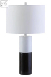 Eben black and white marble table lamp with a sleek two toned base and white drum shade perfect for any marble table