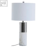Eben marble base table lamp with ivory shade white cylindrical lamp with silver metallic band and marble base
