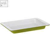 Rectangular ceramic ecocook lime green baking dish with white interior and vibrant lime green exterior for easy cooking