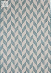 A rectangular ecology outdoor rug aqua with a muted blue off-white chevron pattern and textured weave