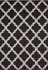 Black and cream geometric ecology outdoor rug with repeating quatrefoil design perfect as outdoor rug black