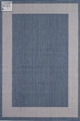Blue ecology outdoor rug with textured surface and light gray diagonal stripe border perfect for outdoor use