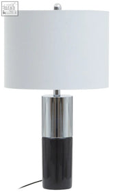 Modern edgar black marble table lamp with white fabric shade, chrome base, and glossy black lower section