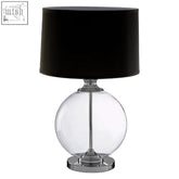 Edna small glass table lamp with clear globe base black silk shade and chrome accents for modern decor
