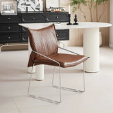 Egan dining chair with armrests featuring a brown leather seat and sleek chrome metal frame dining chair