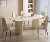 Modern oval white dining table eira with a white marble top and cream ribbed pedestal base for stylish dining