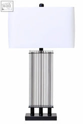 Matte black elana clear glass table lamp with rectangular white shade and vertical clear glass rods
