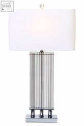 Modern elana clear glass table lamp with vertical rods and a crisp white shade on a sleek matte silver base