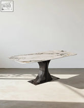 Elena dining table with white marble top gray gold veining and black metal base perfect for your dining space offer financing