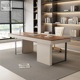 Elena modern office desk with a warm walnut wood top cream base and black metal legs for a modern office desk setup