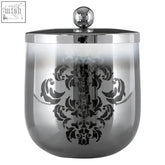 Silver cotton jar featuring a silver and black damask ice bucket design with polished chrome lid and knob