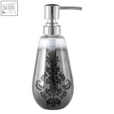 Clear glass soap dispenser with silver ombre plastic pump head and black damask pattern for stylish bathroom use