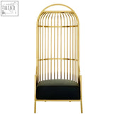 Eliza gold finish dome cage chair with gold finish birdcage style frame and black upholstered seat