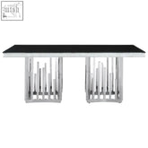 Eliza silver finish dining table with black glass top and chrome base featuring vertical bars perfect for modern dining