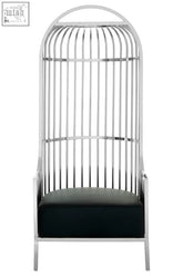 Eliza silver finish dome cage chair with chrome birdcage frame and black upholstered seat for stylish seating