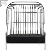 Silver dome sofa featuring a birdcage-style frame with a black tufted cushion for two seats
