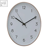 Elko oval wall clock with copper finish featuring a sleek minimalist white face and black numerals and hands