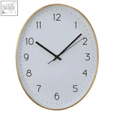 Elko oval wall clock with gold finish features a gold-framed oval white face with black numerals wall clock