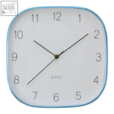 Elko square blue wall clock with light blue finish case white face and black numerals quartz labeled design