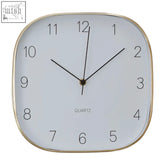 Elko square gold finish case wall clock with a white face and gold-toned frame and hands