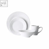 Elmira 16pc white porcelain coupe dinner set with glossy white ceramic plate bowl and mug for everyday use