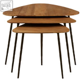 Set of three nested elm wood top triangular tables with black iron tapered legs perfect for small spaces