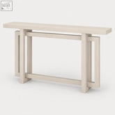 Beige lacquered elston geometric console table with minimalist warm white wood frame design for modern spaces