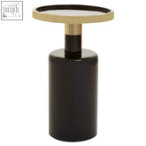 Elva black side table with a black iron base and gold-toned top showcasing art deco elegance