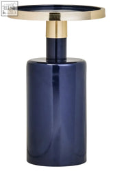 Elva navy and gold side table with sleek navy blue ceramic top and polished gold iron base in art deco style