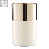 Elva white large cream ceramic candle holder with gold upper rim and black vertical accent stripe for wax candles
