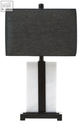 Elvie black and white marble table lamp with black rectangular textured fabric shade and white marble lamp base