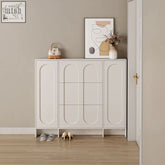 White minimalist emilio slimline shoe cabinet with arched panel design in cream for hallway storage
