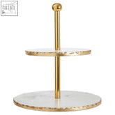 Empire 2 tier finish cake stand with gold finish and white marble circular platforms featuring a hammered edge design