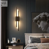 Modern black and gold emporium led wall lamp with vertical illuminated bars and central rectangular frame hard wired design