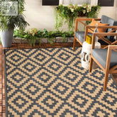 Beige and navy enipate geometric outdoor reversible rug with easy cleaning for patios and garden decks