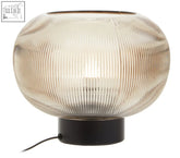 Enola large ribbed smoked glass table lamp with a spherical ribbed amber and clear shade on black base