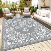 Gray waterproof outdoor patio rug with white floral scrollwork pattern reversible durable area rug 180 x 270 cm