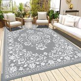 Gray waterproof outdoor patio rug with white floral scrollwork pattern reversible durable area rug 180 x 270 cm